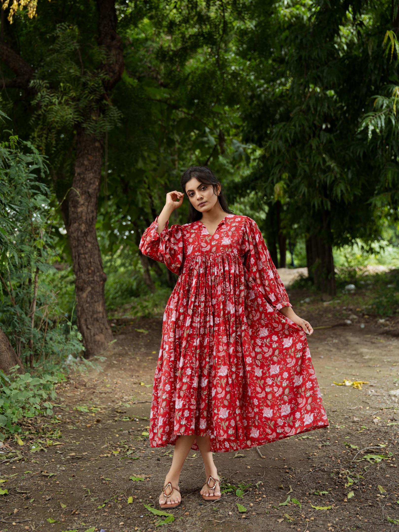 Bohemian Floral Cotton Midi Dress for Women, Block Printed, Day & Loungewear, Gift Idea