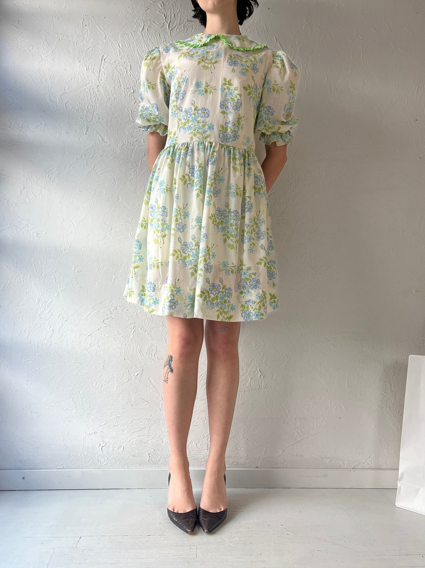 Unique Handmade Green Floral Mini Dress for Women Vintage Style