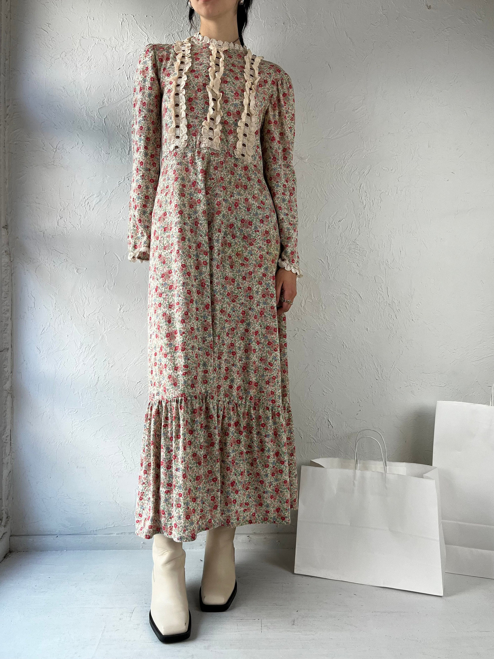 Vintage 90s Inspired Floral Maxi Dress Long Sleeve Cottage Core Style
