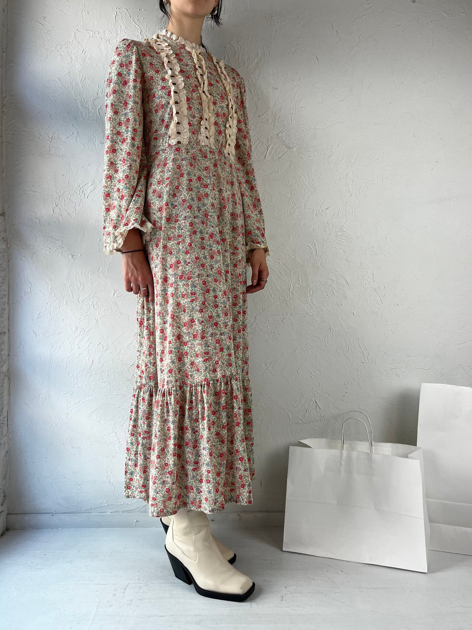Vintage 90s Inspired Floral Maxi Dress Long Sleeve Cottage Core Style