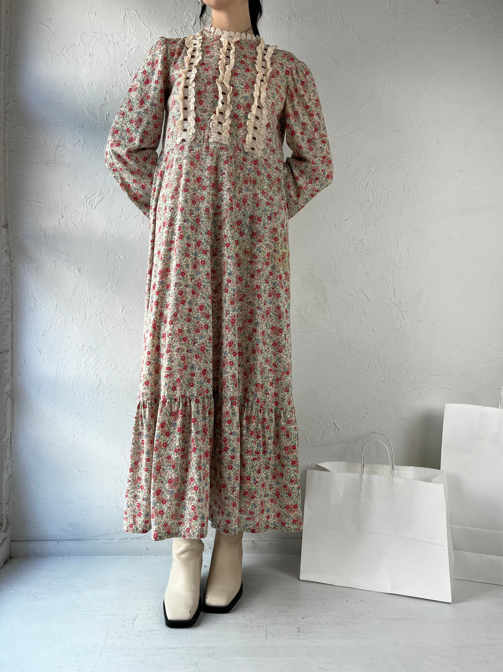 Vintage 90s Inspired Floral Maxi Dress Long Sleeve Cottage Core Style