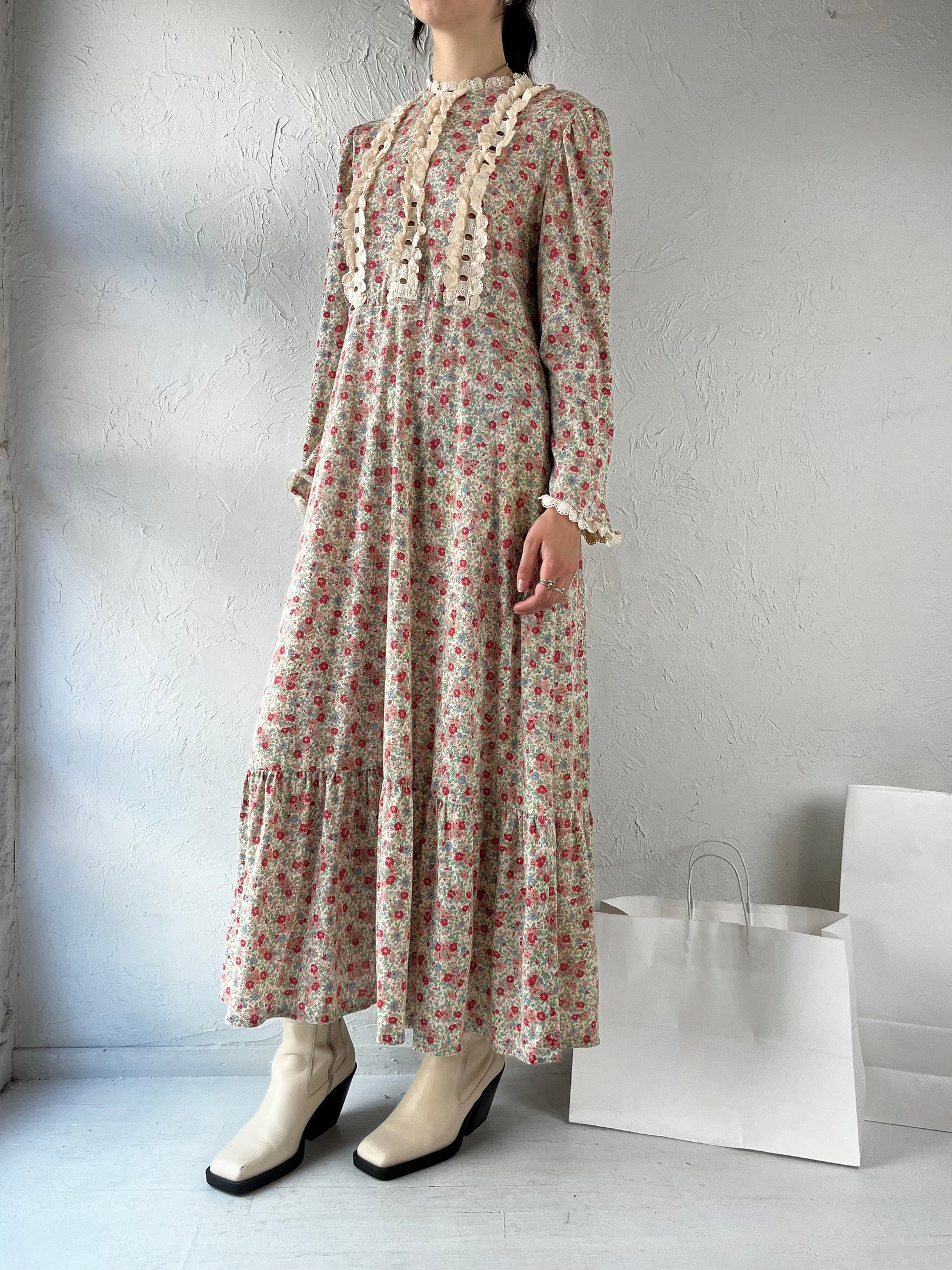 Vintage 90s Inspired Floral Maxi Dress Long Sleeve Cottage Core Style
