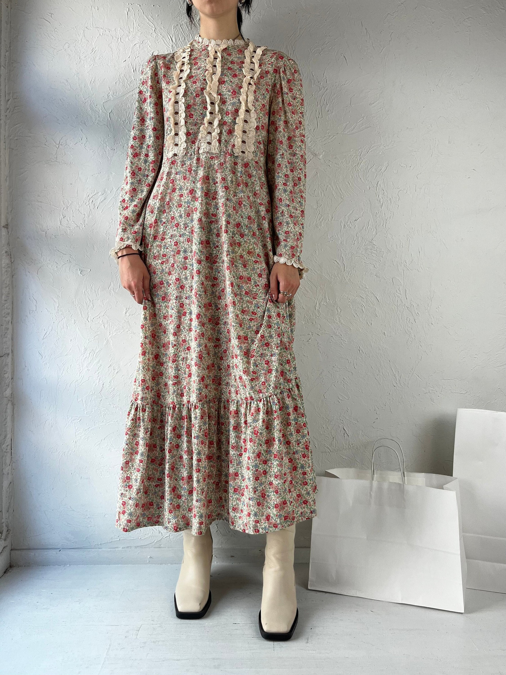 Vintage 90s Inspired Floral Maxi Dress Long Sleeve Cottage Core Style