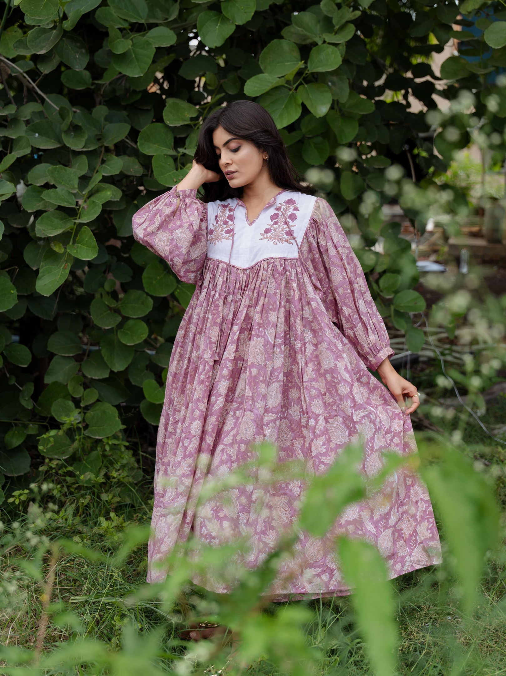 Women’s Boho Mauve Floral Cotton Midi Dress – Perfect Gift for Mom, Loungewear & Daywear