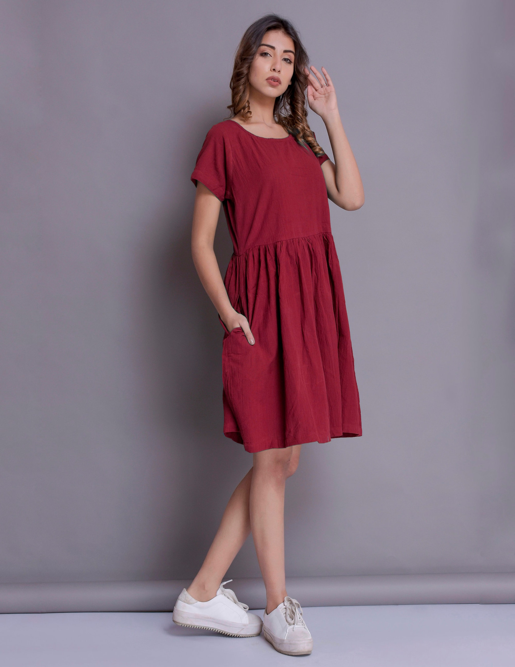 Women’s Handmade Linen Midi Dress with Ruffles, Pockets & Short Sleeves