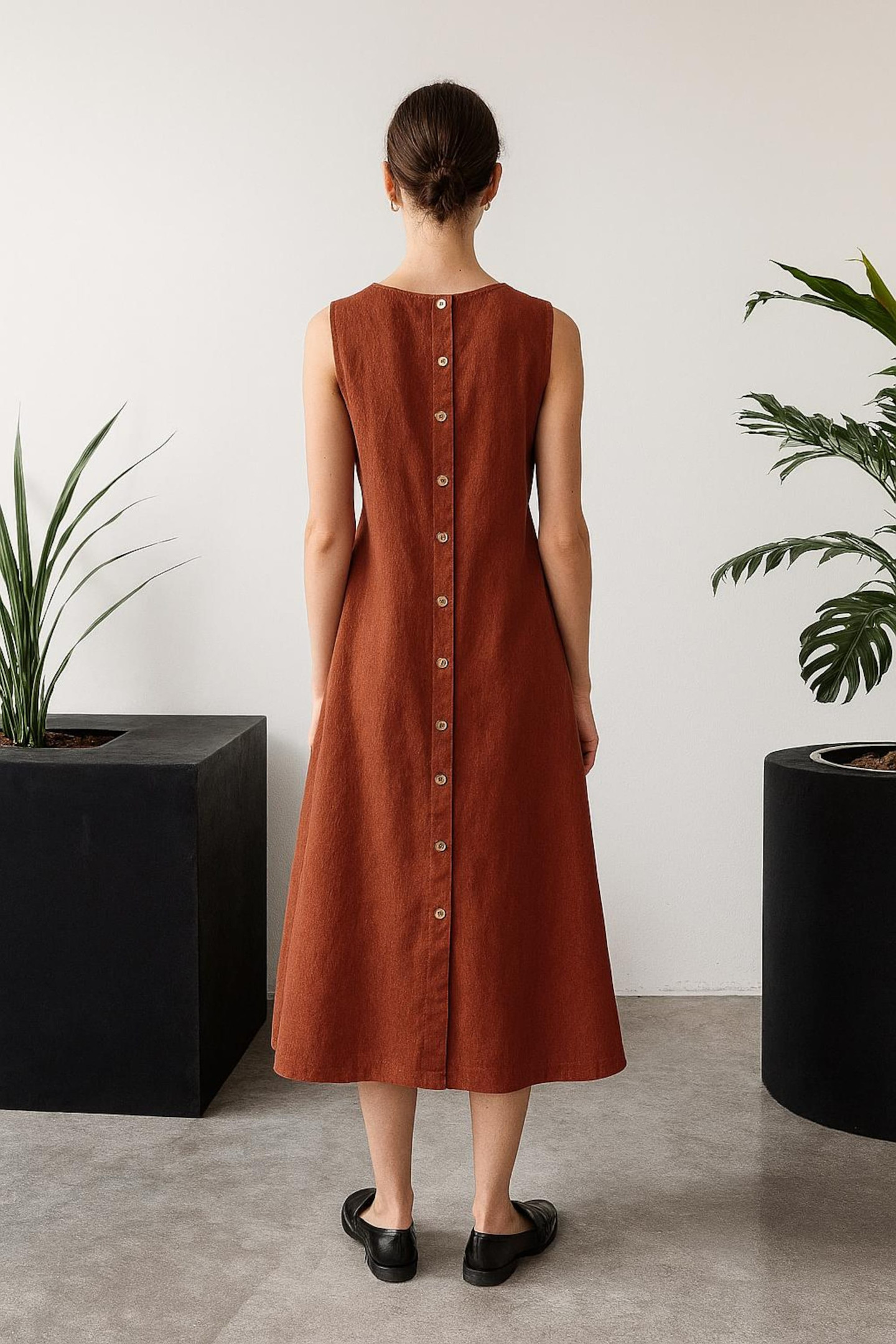 Women’s Linen Midi A-Line Dress with Pockets, Sleeveless Summer Style