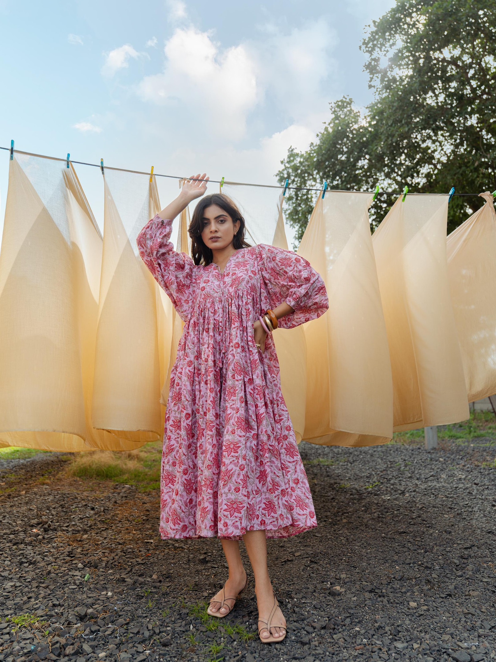 Women’s Pink Floral Boho Cotton Midi Dress – Hand Block Printed Summer Daywear for Mom, Gift, Loungewear & Casual Outfit